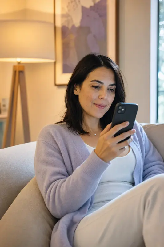Mujer en casa viendo un anuncio en su celular