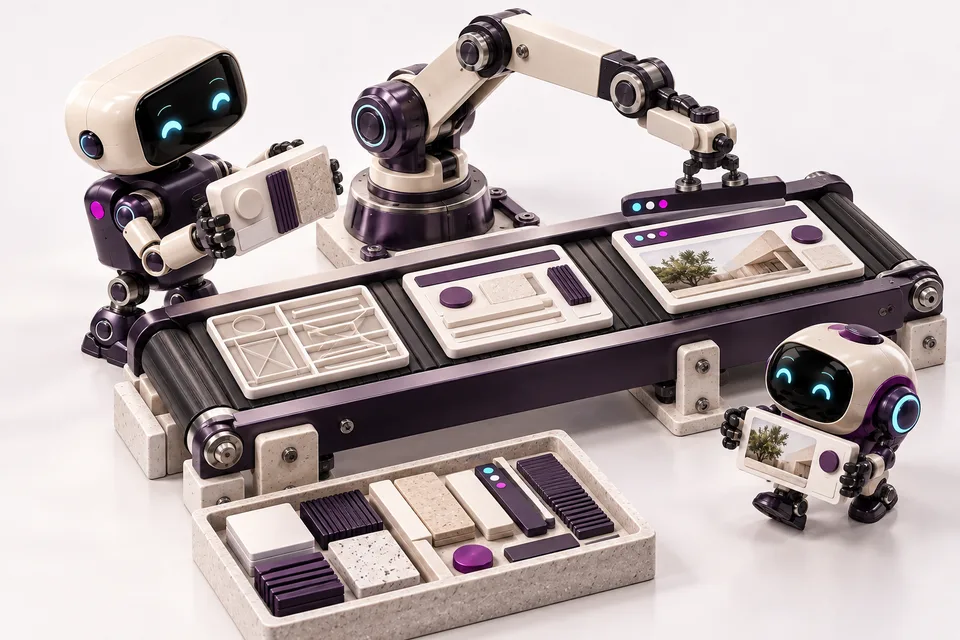 Un equipo de robots ensambla y revisa entregables sobre una línea de producción.