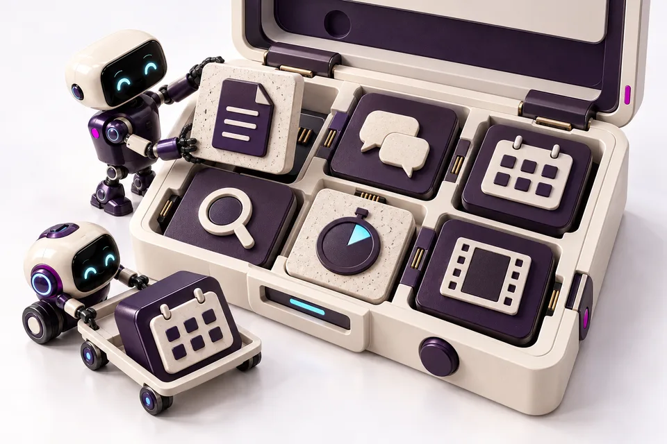 Robots eligen herramientas de una caja de aplicaciones modulares.