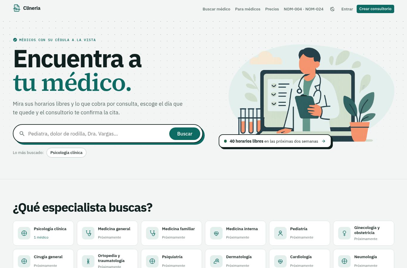 Vista de la página pública de Clineria